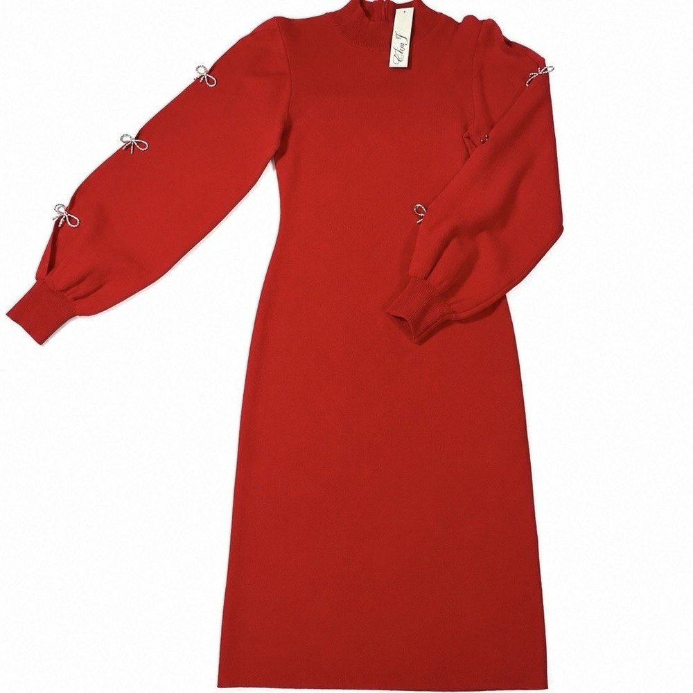 Eliza J Women Small Red Sweater Dress Balloon Sleeve Mock Neck Bow NWT